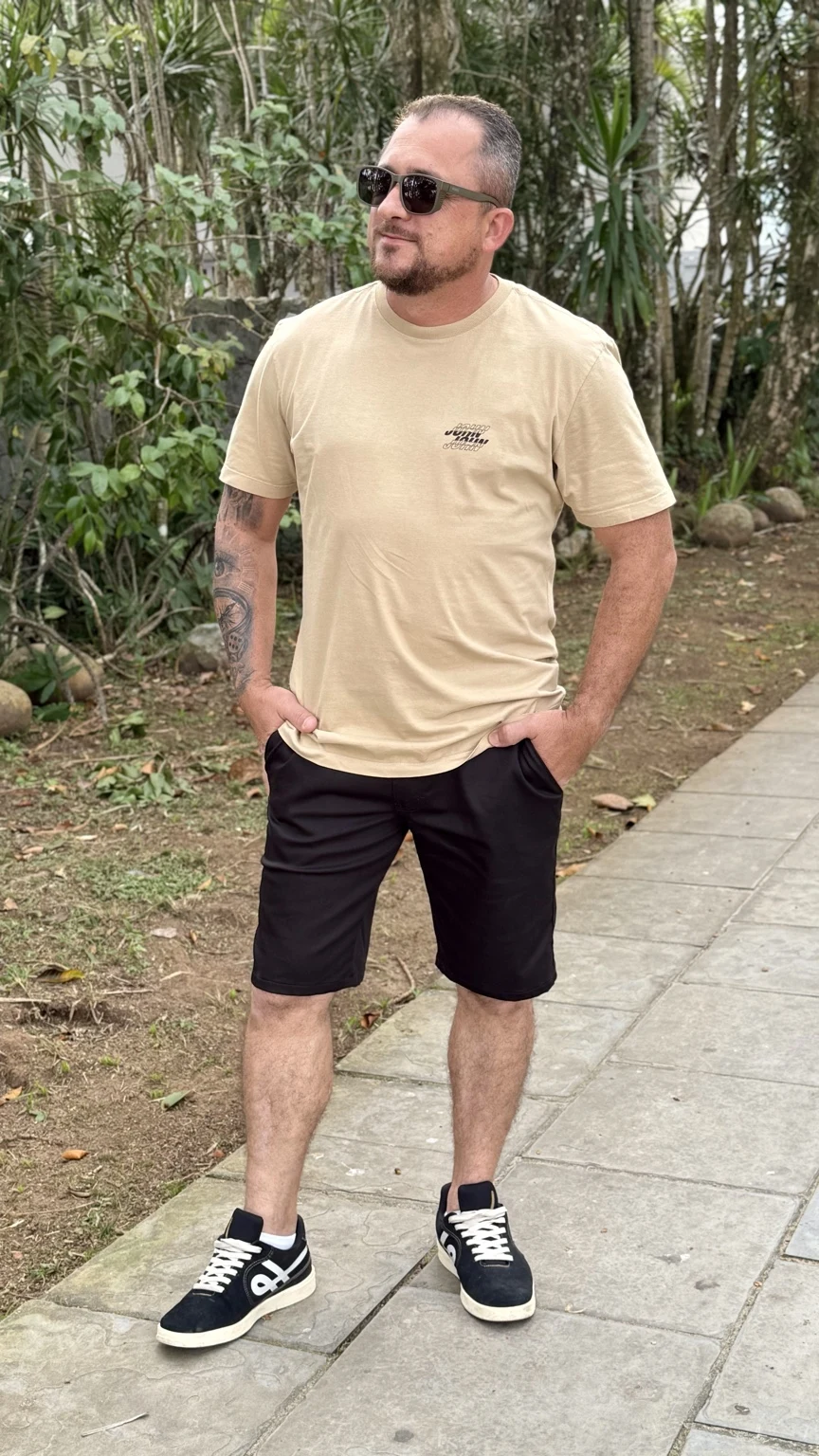 Look masculino com camiseta bege e bermuda preta